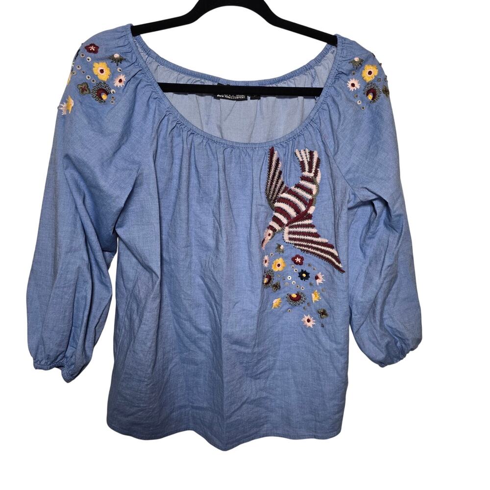 7th Avenue New York & Co Chambray Embroidered Peasant Blouse Boho Retro 70s EUC
